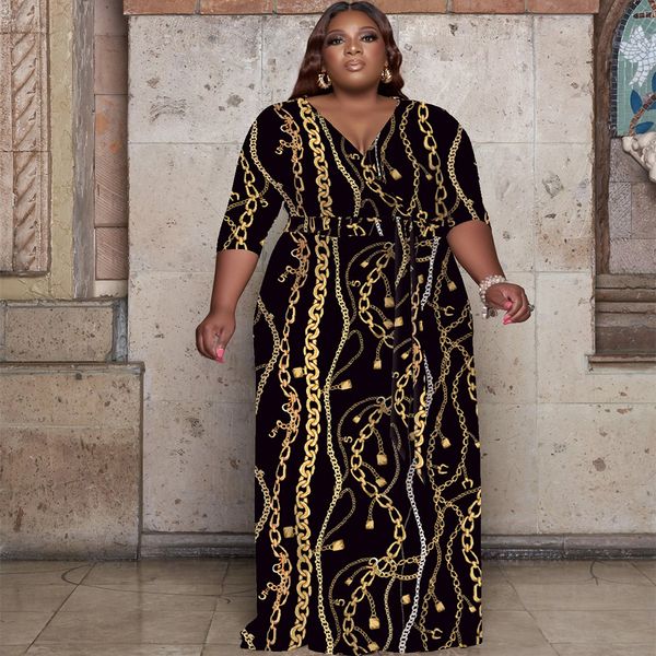 Robes de grande taille Urban Trendy Plus Size Clothing Femmes 4xl 5xl Imprimé Col en V Ceinture Robes de soirée en vrac Élégant Maxi Robe de soirée En gros 230715