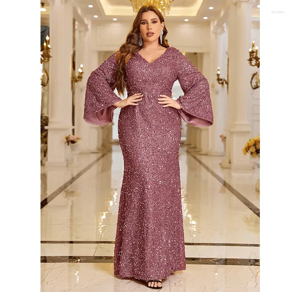 Robe de bal de luxe pour femmes, grande taille, col en V, manches longues, paillettes perlées, grande taille, élégante, ample, étincelante, 5XL6XL