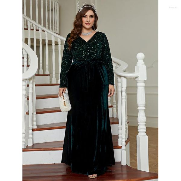 Vestidos de talla grande con cuello en V, vestido largo holgado de terciopelo con lentejuelas, vestido largo grande y elegante de lujo verde oscuro elegante para mujer