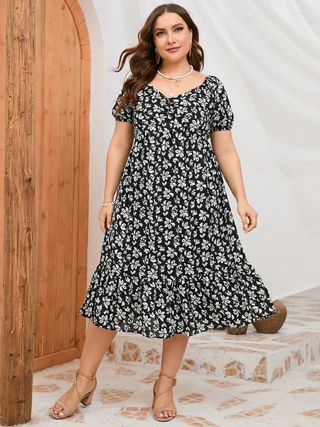 Robe longue grande taille pour femme, col en V, Sexy, manches courtes, élégante, soirée, noir, blanc, motif Floral, été, 2024