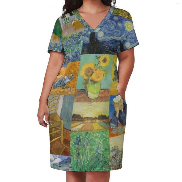 Vestidos de talla grande Vestido de collage de Van Gogh Estampado de girasoles Moda callejera Casual Mujer Verano Cuello en V Linda idea de regalo