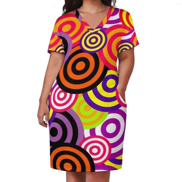 Robe Vintage des années 70, grande taille, cercles colorés imprimés, esthétique, décontractée, manches courtes, rétro, cadeau d'anniversaire, pour femmes, été, 297E