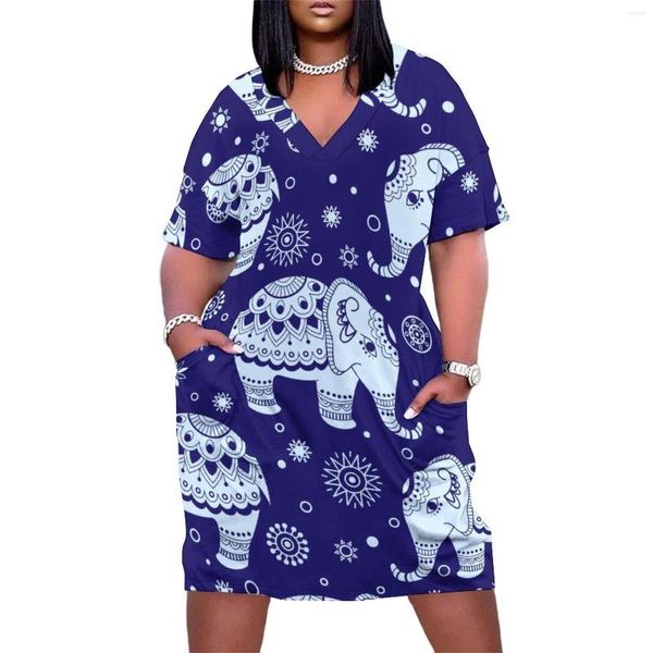 Robes grande taille Vintage éléphant robe col en V ethnique Animal Streetwear été Sexy décontracté femme imprimé Vestido