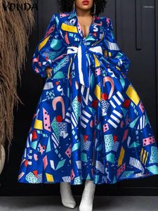 Plus Size Jurken Vonda Elegante Jurk 2024 Vrouwen Vintage V-hals Print Party Maxi Lange Mode Boheemse Kantoor Zonnejurk Herfst Gewaad