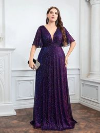 Robes grande taille Robe de demoiselle d'honneur de mariage pour grande taille mode féminine col plongeant manches papillon paillettes robes de soirée grande taille Lady Dress 231011