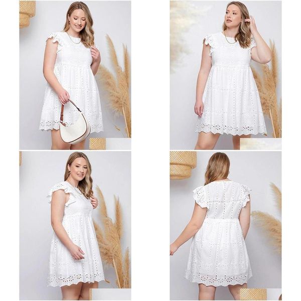 Robes de taille plus robe en coton blanc 4xl 5xl 2023 Été Femmes Ruffles Sleeve Hollow Out Casual High Taist Short Mini Drop Livrot AP Dhyun