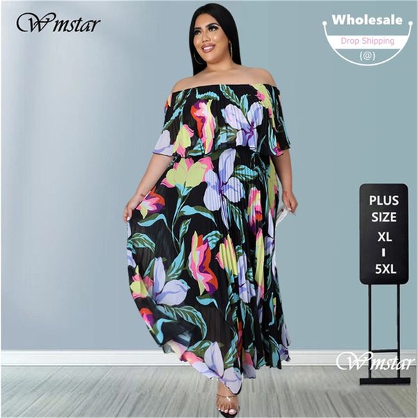 Plus la taille Robes Wmstar Plus La Taille Robe Femmes 5xl Hors Épaule Fleur Imprimer Taille Élastique Parti Plissée Maxi Robe D'été En Gros Baisse 230209