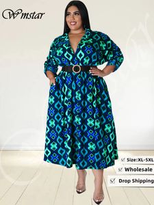 Plus size jurken wmstar plus size jurken vrouwen met riem v neck print maxi jurk elegant kantoor dame mode streetwear groothandel druppel 230506