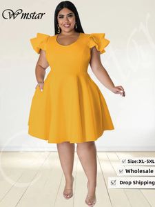 Plus size jurken wmstar maat voor vrouwen elegant feest solide ruches mouw big hem midi jurk groothandel druppel 230426