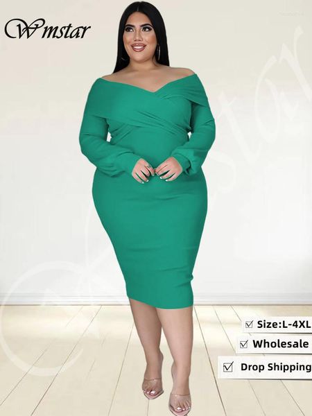 Vestidos de talla grande Wmstar mujeres sólido cuello en V manga larga ceñido al cuerpo estiramiento elegante Sexy Midi vestido otoño venta al por mayor gota