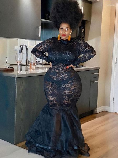Vestidos de talla grande para mujer, vestido Sexy de fiesta ajustado de manga larga con encaje negro, vestido de malla transparente, venta al por mayor