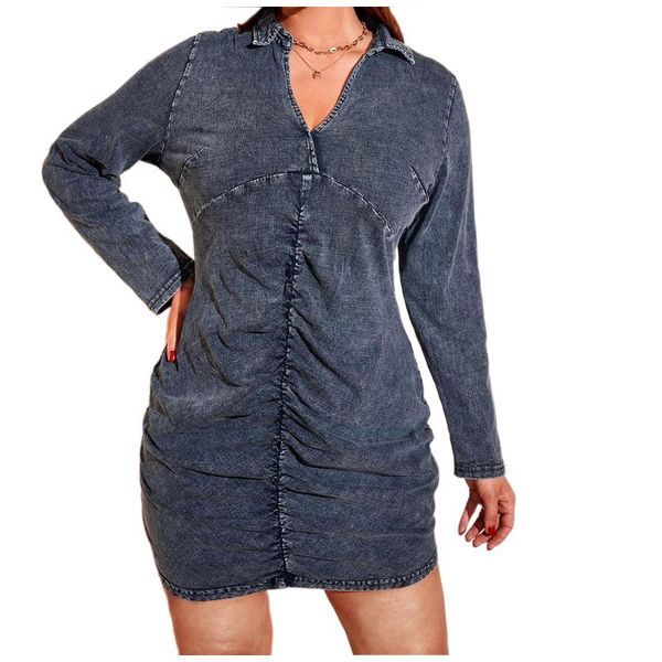 Robe en jean pour femmes, grande taille 3XL 4XL, jean décontracté, col à revers froncé, manches longues, Mini pull pour femmes courbées