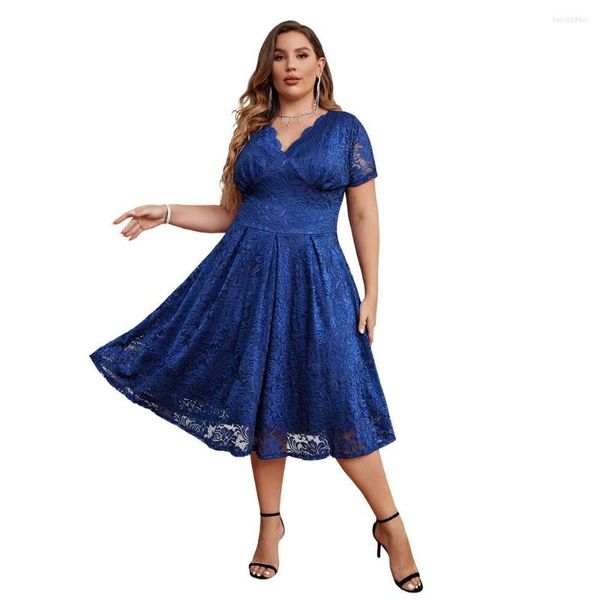 Vestidos de Talla Grande Mujer Elegante Encaje Floral Swing Manga Corta Cóctel Boda Vestido Midi Escote en V Dama de Honor Curvas