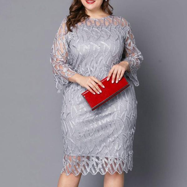 Robes grande taille en dentelle pour femmes, manches 3/4, robe de soirée, robe de cocktail, col rond, ajouréPlus