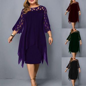 Vestidos de talla grande para mujer 6XL malla de encaje Sexy elegante Midi fiesta negro púrpura vestido suelto ahuecado ropa de mujer 2023 SpringPlus