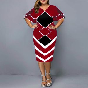 Plus size jurken vrouwen elegante geometrische print avond feestjurk casual gelaagde belmouw kantoor bodycon club outfits xl-5xl