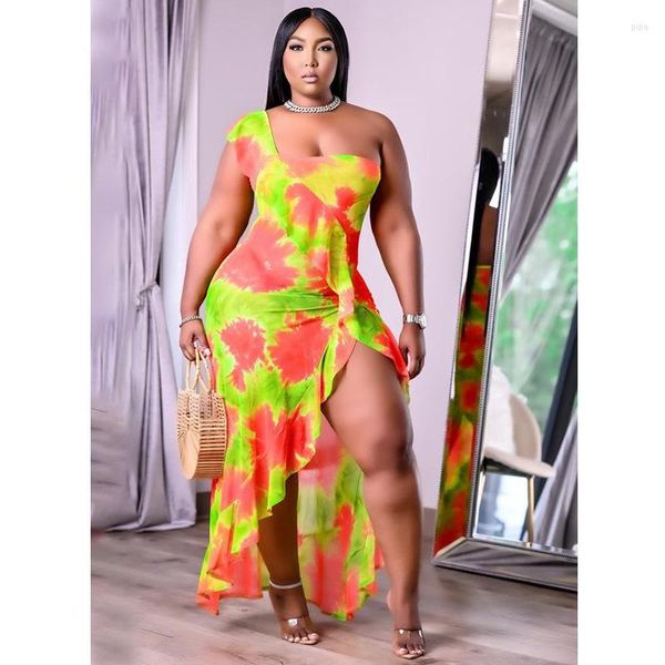 Grande taille robes femmes élégant cravate colorant imprimer fête à volants 2023 été fendu maille robes dame mode vêtements en gros