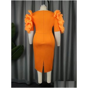 Robes de taille plus femme orange imprimé bodycon tuttle manche à volants d'été