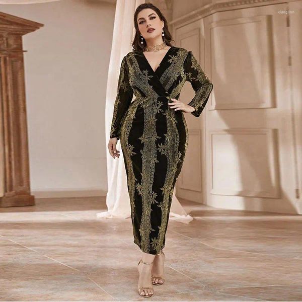 Robes de taille plus femme fête luxe élégante dames jacquard robe à manches longues grande mode noire en V