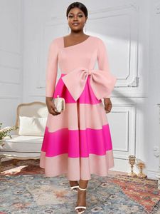 Robes de grande taille femmes robe rose 2 tons une ligne Patchwork plissé manches longues col asymétrique robes d'occasion féminine africaine