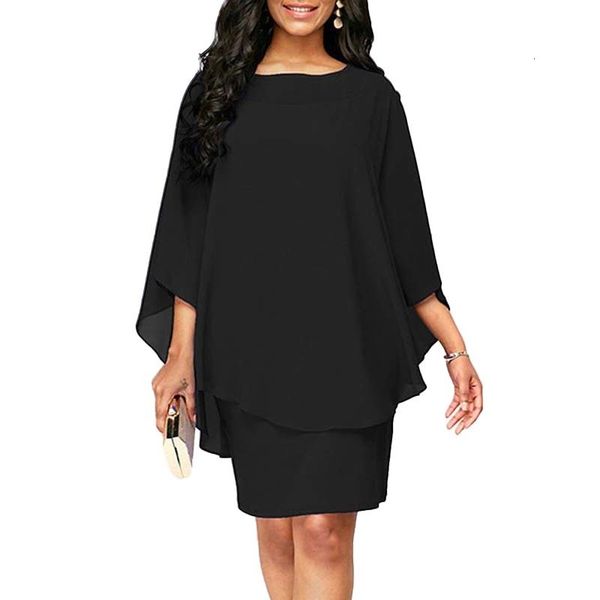 Plus size vestidos mulheres plus size babados batwing meia mangas joelho comprimento solto vestido assimétrico escritório senhora cor sólida chiffon envoltório hip vestido 221121