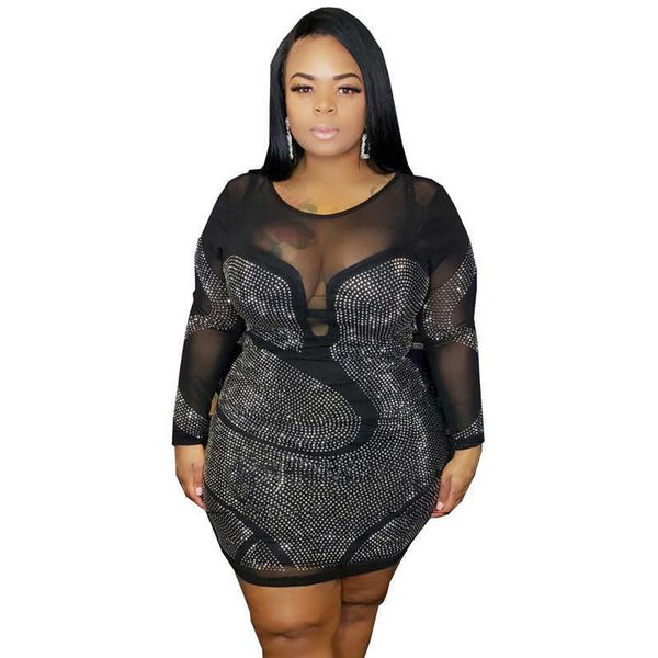 Plus Size Robes Femmes Col Rond À Manches Longues Sac Hanches Diamants Maille Sexy Mini Taille Haute En Gros Drop Shipping 230307
