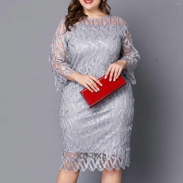 Robes de grande taille en dentelle pour femmes, manches 3/4, robe de soirée, robe de Cocktail, col rond, ajouré, 3xl 4xl 5xl 6xl