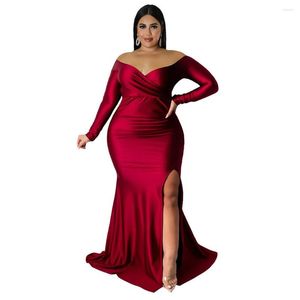 Vestidos de talla grande para mujer, vestido Sexy con cuello en V, Maxi elegante para fiesta y discoteca, vestido de sirena para mujer, vestido largo liso con abertura hasta el suelo