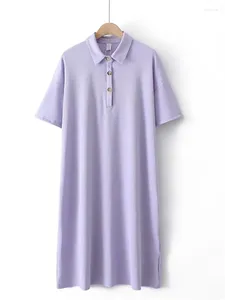 Robe T-Shirt à manches courtes pour femmes, grande taille, vêtements d'été, revers, couleur unie, tissu en coton tricoté extensible, Large