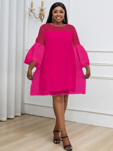 Robes de grande taille femmes robe droite voir à travers Patchwork 3 couches cloche manches Tulle couverture Robes élégant mode rose