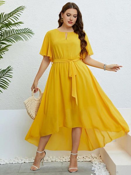 Vestidos de talla grande para mujer, vestido con cuello en V recortado de Color sólido, corte en A, manga corta de mariposa, bata de fiesta, vestido informal para vacaciones para mujer, vestido con cinturón grande