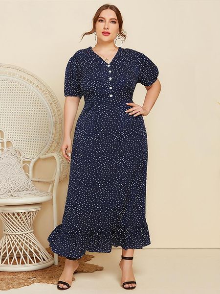 Robes de grande taille femmes été décontracté à pois robe droite avec manches lanterne volants volants mode surdimensionné col en v VestidosPlus