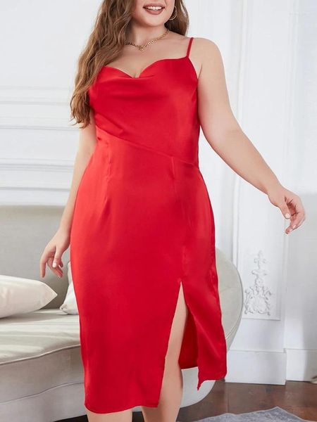 Robes de grande taille pour femmes, bretelles à la mode, fente haute, dos nu, rouge, Sexy, robes de Cocktail pour invités de mariage, été 2023