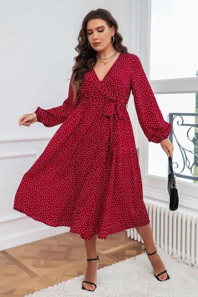 Vestidos de talla grande envolvente cuello en V estampado de puntos con cordones mangas largas Boho primavera otoño bata una línea Swing Maxi vestido ropa