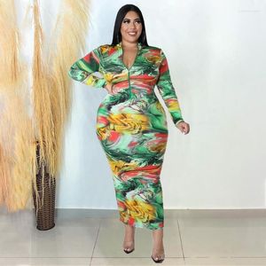 Robes de grande taille WUHE imprimé multicolore femmes col rond à manches longues Maxi robe pour la mode Vintage moulante tenues de fête