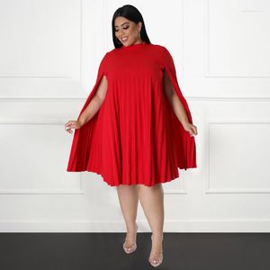 Robes de grande taille WUHE femmes plissé horloge à manches longues grande balançoire lâche longueur au genou courbe robe élégante noir rouge printemps fête