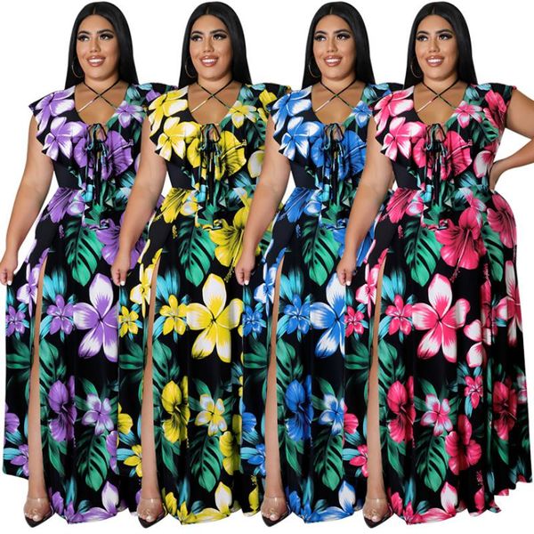 Plus Size Robes XL-5XL Robe Mode Femmes Floral Élégant Layered Ruffle Dames Sans Manches Casual Longue Vente En Gros Direct SalesPlus