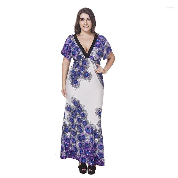 Robes grande taille XL-6XL décontracté de haute qualité imprimé Double A col en V profond glace soie pleine longueur jupe de plage robe longueur au sol