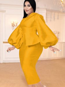 Plus la taille Robes Jaune Midi Longueur À Manches Longues Lanterne Moulante Taille Robe pour Womne Anniversaire Soirée Cocktail Robes Tenues 230613