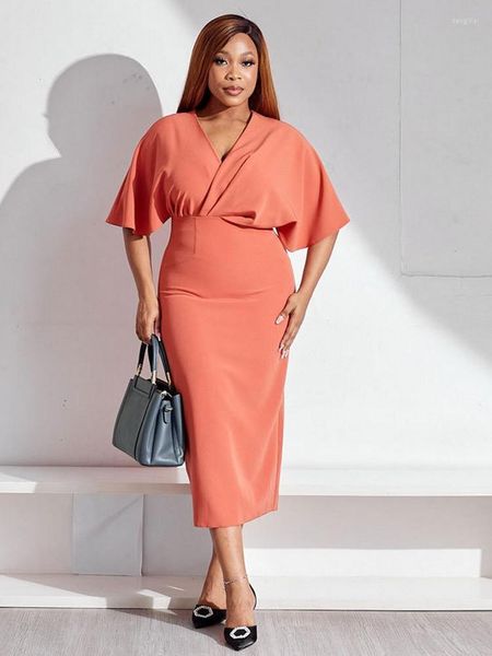 Robes grande taille ZJFZML ZZ Vêtements pour femmes 2023 Noir Orange Col en V profond Manches courtes Taille haute Paquet Hanche Mi-mollet Longueur Vestidos