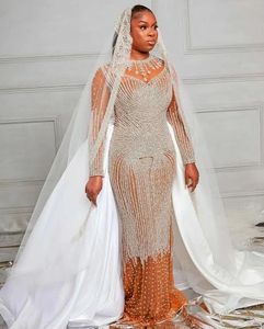 Plus Size Dubai Luxe Zeemeermin Kwastje Kralen Trouwjurken 2024 Nieuwe Lange Mouwen Elegante Sexy Bruidsjurken Arabisch Aso Ebi