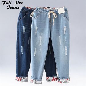 Plus Size Elastic Taille Hemming Boyfriend Losse Ripped Denim Harem Jeans 4XL 5XL Lichtblauwe Girl's Casual Broek voor Vrouwen 210629