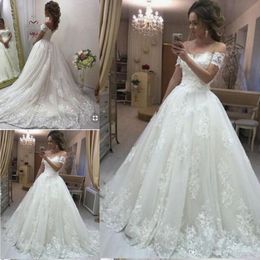 Plus size elegante baljurk jurken uit schouder bruids kanten appliques trouwjurken vestidos de novia custom made s s