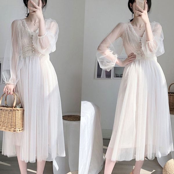 Vestidos de talla grande elegantes con botones acampanados, vestido blanco para mujer, manga abullonada de primavera, imperio, cuello en V, vestidos de malla de gasa de encaje