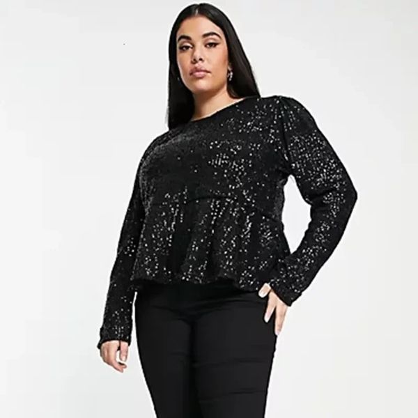 Plus la taille élégante mode été printemps paillettes peplum blouse femmes à manches longues solide noir travail bureau haut femme grande taille 6XL 240201