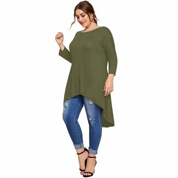 Plus la taille élégante Fi Tops femmes 3/4 manches solide armée vert décontracté Salut bas T-shirt été printemps Lg tuniques Blouse 5XL 6XL I2Hy #