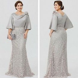 Plus size elegante moeder van de bruids jurken juweel handgemaakte bloem geappliceerd kant prom jurk vloer lengte op maat gemaakte moeders jurk