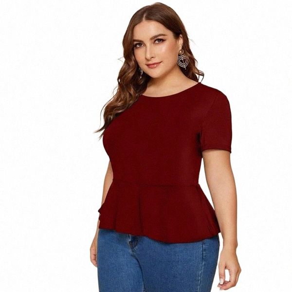 Tallas grandes Elegante Peplum Top Mujer Manga corta Keyhole Volver Blusa con volantes Mujer Tamaño grande Casual Camiseta roja Camiseta 6XL 7XL 8XL D3CL #