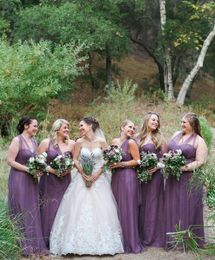 Plus size elegante paarse cabriolet bruidsmeisje jurken een schouder tule satijnen vloer lengte bruidsmeisje jurk brautjungfer kierider