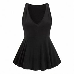 Plus la taille élégante manches d'été Peplum Blouse col en V détail nœud solide noir tunique haut grande taille décontracté a-ligne T-shirt réservoir W00U #